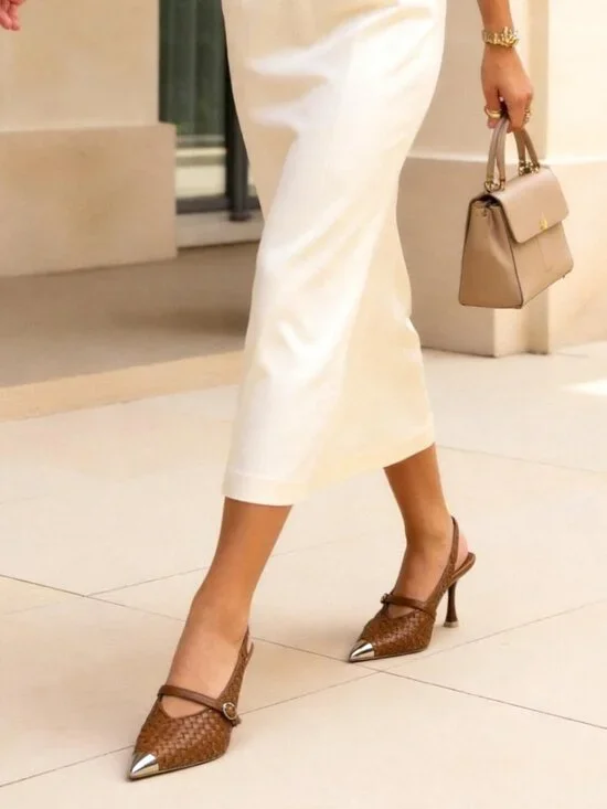 Women Pumps Stiletto Heels Metal Closed Pointed Toe Buckle Strap Shoes Brown - Picture 5 of 5